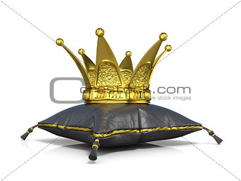 Royal black leather pillow and golden crown. 3D