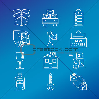 Line art icon set for Moving. Thin line art icons. Flat style illustrations isolated. White color line art icon