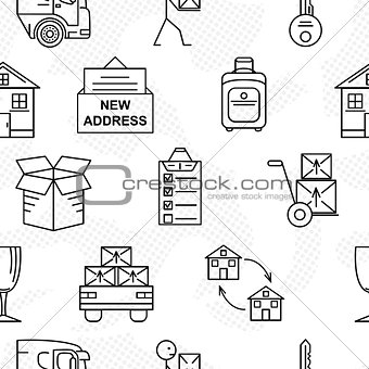 Line art icon seamless pattern for Moving. Thin line art icons. Flat style illustrations isolated.