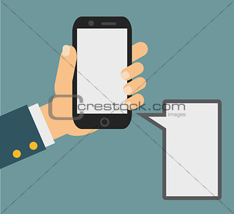Vector illustration of smartphone in human hand with speech bubble