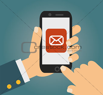 Hand touching smart phone with Email symbol on the screen. Using smartphone similar to iphone, flat design concept. vector.