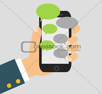 Hand holing black smartphone similar to iphon with blank speech bubbles for text. Text messaging flat design concept. vector illustration