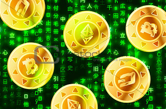 Golden coins with bitcoin, ethereum and dashcoin signs on green matrix binary code, cryptocurrency concept illustration