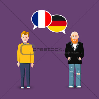 Two people with white speech bubbles with France and Germany flags. Language study concept illustration