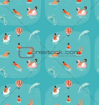 Hand drawn vector abstract summer time fun seamless pattern with swimming happy people in sea water with jumping dolphins isolated on blue background