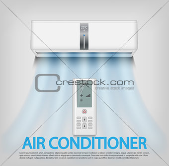 Realistic air conditioner with remote control isolated on gray Wall Background. Air conditioner vector illustration