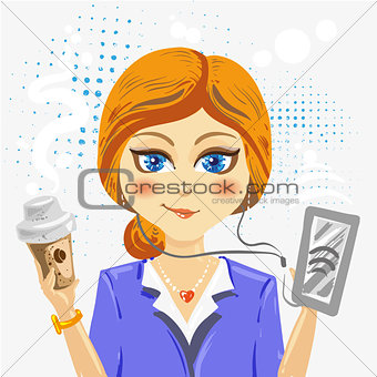 Vector illustration - cute Cartoon businesswoman character with coffee and smartphone