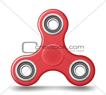 Red plastic hand fidget spinner toy - stress and anxiety relief. Realistic vector illustration