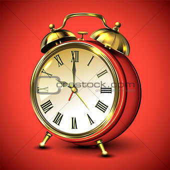 Red retro style alarm clock on red background.
