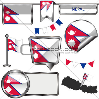 Glossy icons with flag of Nepal