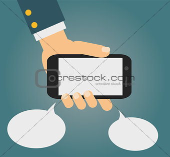 Vector illustration of smartphone in human hand with two speech bubbles