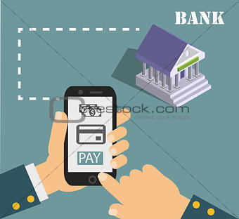 mobile payment credit card, hand holding phone, flat design