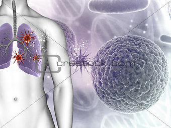 3D medical background showing virus cells in male figures lungs