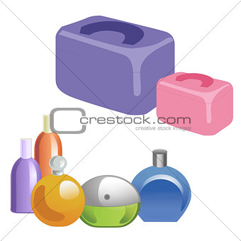 A set of perfumery and cosmetic bags. Perfumes, cosmetics solated vector object on white background.