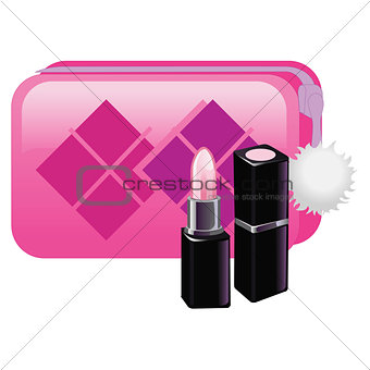 Gently pink lipstick with pink cosmetic bag. Open Black Tube. Vector illustration