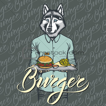 Vector Illustration of husky dog with burger and French fries