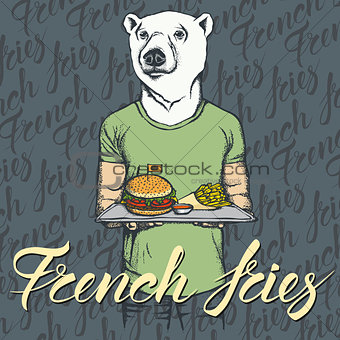 Vector Illustration of white bear with burger and French fries