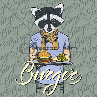 Vector Illustration of raccoon with burger and French fries