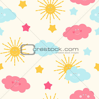 Children's Seamless Pattern Background with Sun, Cloud and Stars Vector Illustration