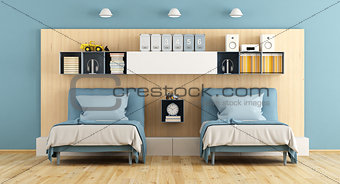 Blue and wooden teenage bedroom