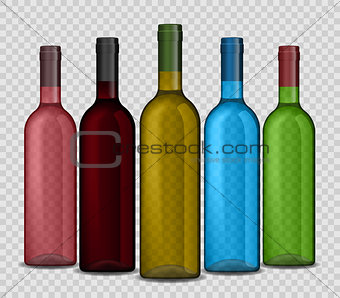 Set of realistic wine bottle on a transparent background. Shiny bottle vector illustration.