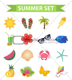 Hello summer icon set, flat, cartoon style. Beach, vacation collection of design elements. Isolated on white background. Vector illustration, clip-art.