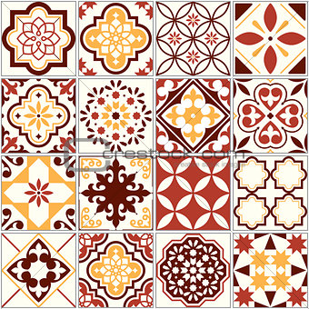 Portuguese vector tiles, Lisbon art pattern, Mediterranean seamless ornament in brown and yellow