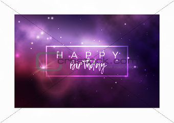 Vector space postcard design with colorful purple nebula and bright stars.