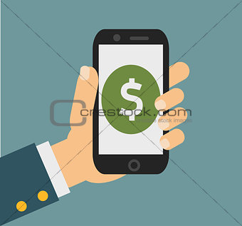 Flat design vector business illustration concept Online banking payments services hand hold smart phone for website and promotion banner.