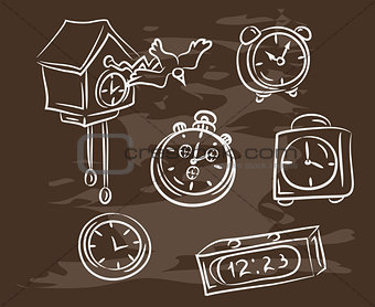 Collection of hand-drawn clock on blackboard. Retro vintage style .