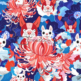 Seamless bright floral pattern love puppies