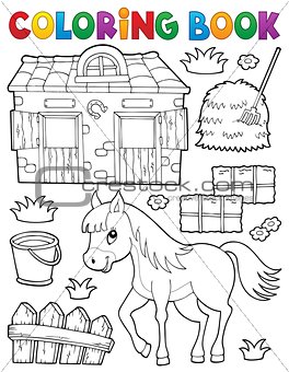 Coloring book horse and related objects