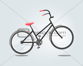 Black bike with red seat isolated on grey background. Vector illustration in cartoon style.