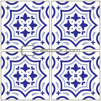 Azulejo - Portuguese tile design, seamless vector blue pattern, retro mosaics set