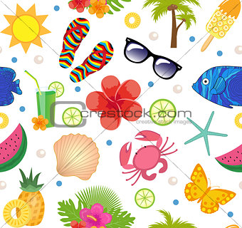 Summertime seamless pattern. Bright summer infinite background. Beach, vacation, sea theme repeating texture. Vector illustration.