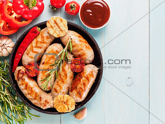 Grilled chicken sausages close up