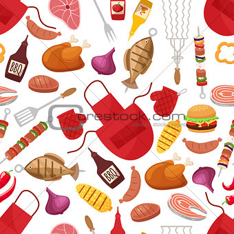 Barbecue and Grill for Home Party or Restaurant Background Pattern. Products and Kitchen Tools Flat Design Style Vector illustration