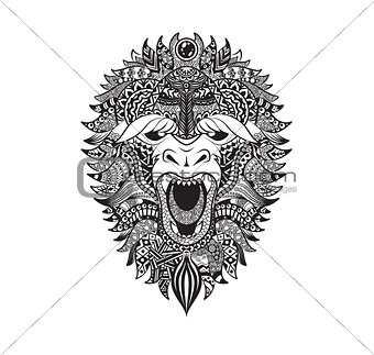 Vector illustration abstract isolated predatory unusual grin wild animal yeti decorated black linear doodle