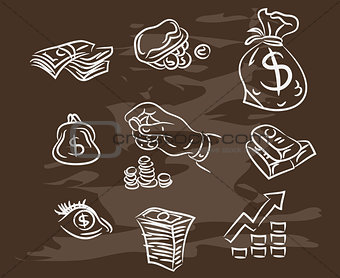 Collection of hand-drawn finance on blackboard. Retro vintage style .