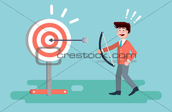 Vector illustration businessman hits target successful shot from bow advancement right solution excellent business success marketing achievement luck idea progress victory start-up in flat style