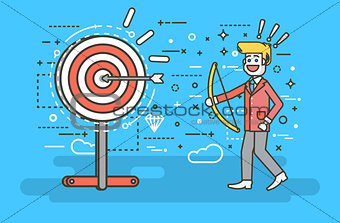 Vector illustration businessman hits target successful shot from bow advancement right solution excellent business success marketing achievement idea progress victory start-up line art style