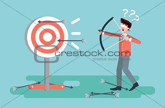 Vector illustration businessman hits target unsuccessful shot from bow regression wrong solution business failure marketing unachievable unlucky idea non-progress loss start-up in flat style