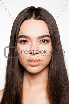 Front portrait of beautiful woman on white