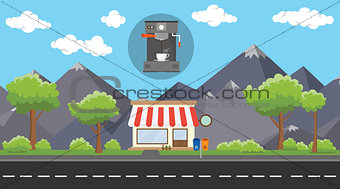 coffee machine store business on beside street with mountain view as background
