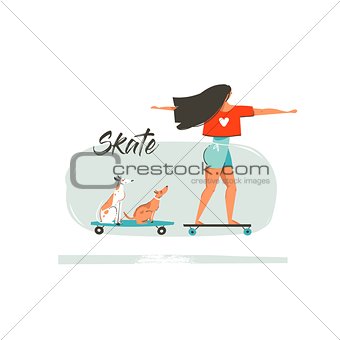 Hand drawn vector cartoon summer time fun illustration with young girl riding on long board,dogs on skateboards and modern typography Skate isolated on white background