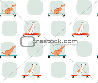 Hand drawn vector cartoon drawing summer time fun seamless pattern illustration with riding dogs on skateboards and long boards isolated on white background.