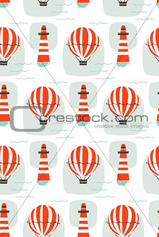 Hand drawn vector cartoon seamless pattern with lighthouse,hot air balloon and sea waves isolated on white background