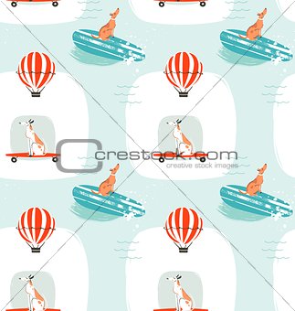 Hand drawn vector cartoon drawing summer time fun seamless pattern illustration with riding dogs on skateboards and dogs on surfboard isolated on blue background.