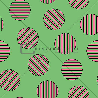 Memphis seamless pattern with striped mosaic circles. Fashion style 80-90s.