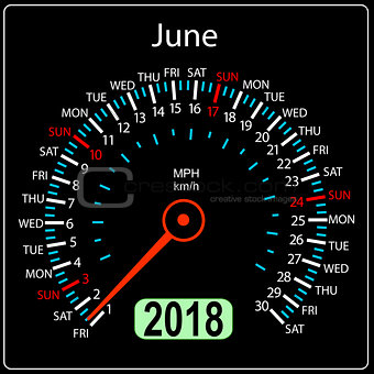 Year 2018 calendar speedometer car in concept. June